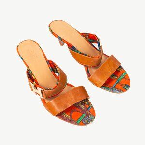 Hermes Brown Leather & Orange Printed-Silk Mule Sandals